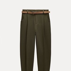Zara Olive High-Waist Cropped Trousers with Tan Belt